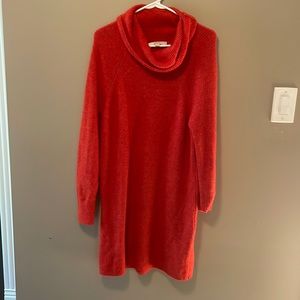 This is a burnt umber/dark orange Cowell neck sweater dress- hits below knee